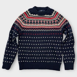 Crew Sweater Mens Medium Fair Isle Lambswool Navy Blue Red Cream Knit Warm Xmas - Picture 1 of 7