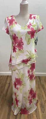 Vestido largo floral blanco y rosa Miss Dorby para mujer talla 8 nuevo con etiquetas forrado transparente cuello en V Foto 1 de 4