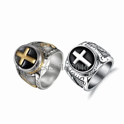 Biker Mens Stainless Steel Christian Holy Cross Prayer Religious Ring Size 7-14 - Image 1 of 4