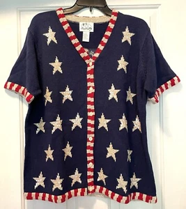 Quacker Factory Stars Stripes American Flag Patriotic Navy Sweater Size Large - Picture 1 of 2
