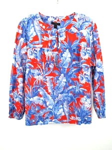J. CREW Pullover Peasant Blouse Women XL Blue Red Floral Ruffles Long Sleeve - Picture 1 of 12