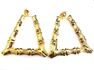 CLIP-ON EARRINGS BAMBOO TRAPEZOID TRIANGLE HOOPS GOLD OR SILVER TONE 4 IN L - Picture 1 of 7