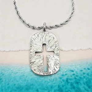 Cross Tag Hammered Antique Silver Metal Finish Pendant (g2h-rope) Necklace - Picture 1 of 5