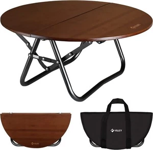 VILLEY Bamboo Round Folding Camping Table Halffold Portable Table Load 176 lbs - Picture 1 of 9