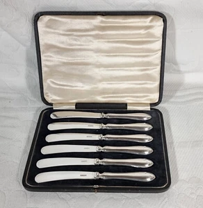 Antique Cased Set Hallmarked Sterling Silver Handle Butter Knives Sheffield 1921 - Picture 1 of 12