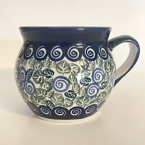 Boleslawiec Polish Pottery Blue Rose Bell Bubble Shaped Mug 3.25" - Picture 1 of 8