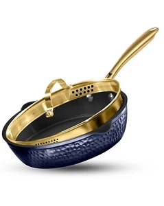 Sartén para saltear Granitestone Charleston 4 cuartos martillada antiadherente azul marino con tapa coladora - Imagen 1 de 9