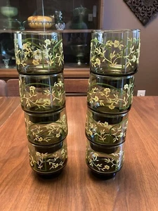 Vtg MINT 1960’s 8 Libby Juice Glasses Green with Yellow Flowers & Green Arches - Picture 1 of 7