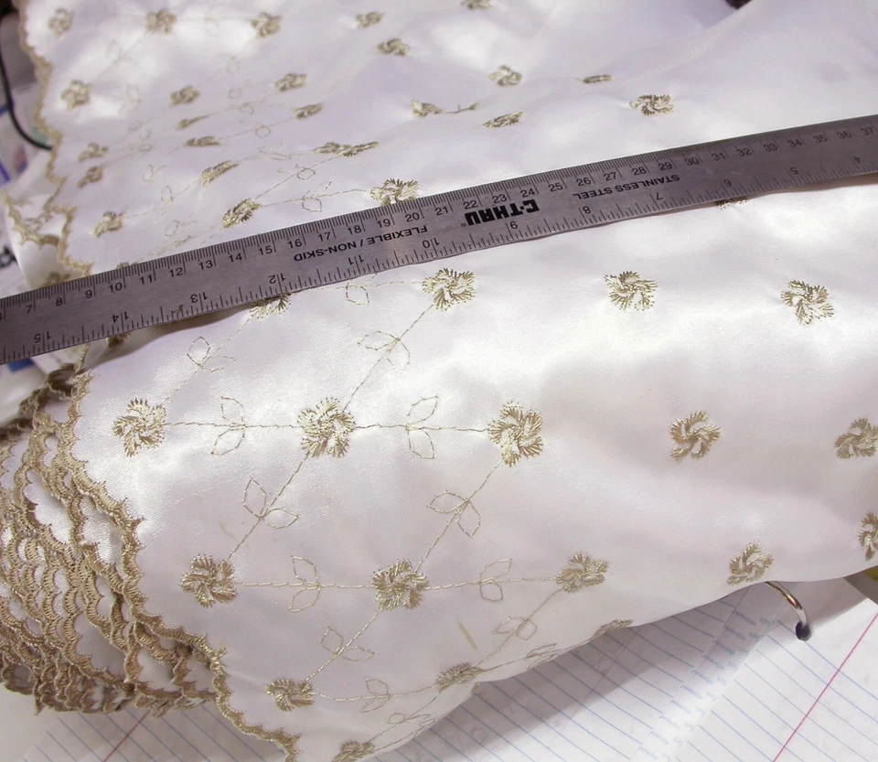 15" 380mm Satin Scalloped Edging Trim  White with Tan Embroidery Priced Per Yard - Image 1 of 1