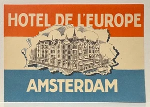 HOTEL D’EUROPE AMSTERDAM-HOLLAND FLAG RED WHITE & BLUE COLORS-LUGGAGE LABEL - Picture 1 of 2