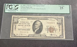 1929 $10 TYPE-1 FIRST NATIONAL BANK MIAMI BEACH PCGS 25 - Picture 1 of 2