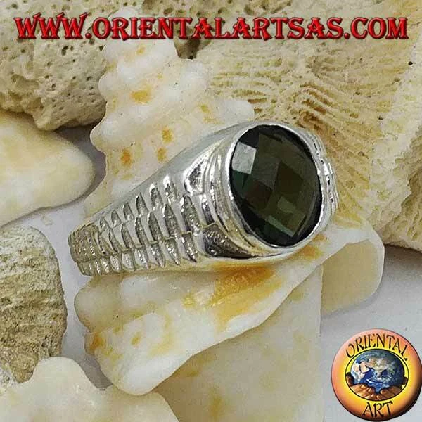 Anello in argento 925 ‰ zircone verde ovale e decorazione a maglie d'orologio - Immagine 1 di 1