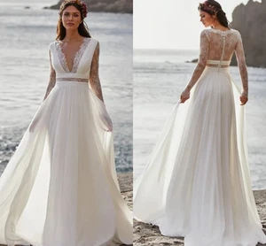 Boho A-Line Wedding Dresses V-Neck Long Sleeves Lace Applique Beach Bridal Gowns - Picture 1 of 10