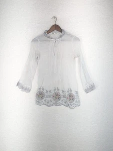 Solitaire Boho Embroidered Top White Blouse 3/4 Sleeve Semi Sheer Small - Imagen 1 de 8