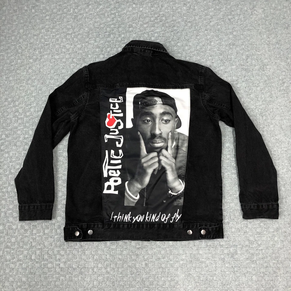 Chemistry Jacket Mens Medium Black Tupac Poetic Justice Denim Hip Hop Graphic - Imagem 1 de 4