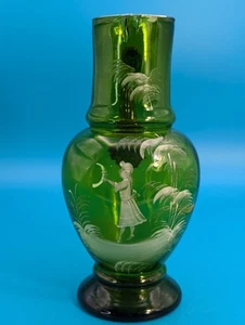 Antique Mary Gregory Emerald Green Girl Holding Flowers Pitcher 10" Tall - Picture 1 of 14