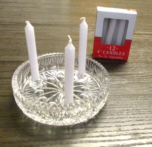 Vintage Heavy Glass 3 Hole Candle Bowl W/Box Of 4 inch Candles - Picture 1 of 4