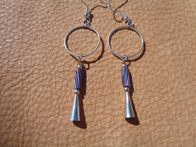 Handmade Silver Hoop Purple Wampum Cones Dangle Earrings - Image 1 of 2