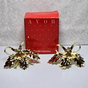 Avon Holly & Bow Candle Decor 2 Tapered Candle Huggers/Napkin Rings Brass Plated - Picture 1 of 10
