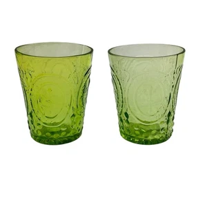 Anthropologie set of 2 green Fleur de Lis tumbler glasses Made In Portugal - Picture 1 of 13