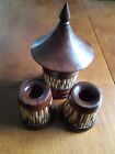 Old porcupine quill tobaque box and candlesticks
