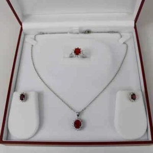 14K White Gold Over Valentine's Day Ring Necklace Earrings Set Lab Created Ruby - Picture 1 of 4