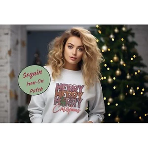 Sparkling Pink Sequin & Embroidered "Merry Merry Merry Christmas" Iron-On - Picture 1 of 4