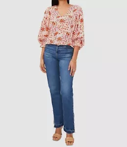 Sam & Jess Women's Red Floral-Print V-Neck Smocked-Cuff Top Size - Picture 1 of 4