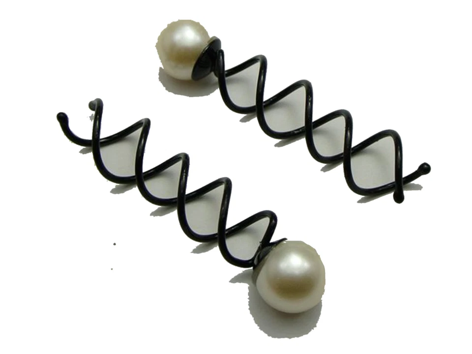 50 Black Metal Twist Hair Pin Grips Spirals Bobby Pins With Pearl 63mm - Image 1 of 4