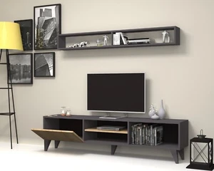 Amore TV unit and Wall Shelves - Grey/Oak up to 65-inch TV - Picture 1 of 5