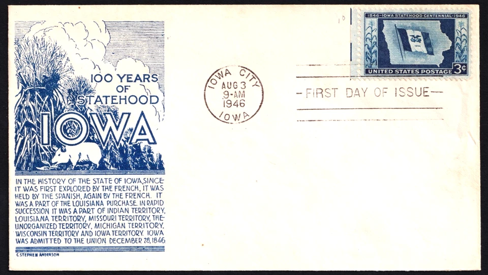 US 1946 Iowa  Statehood (942) . First Day Cover . Anderson Cachet - Image 1 of 1