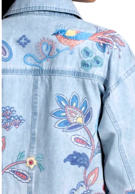 💕$288 JOHNNY WAS SZ PLUS 3X TRAPUNTO EMBROIDERED JEAN DENIM CHORE JACKET NEW - Image 1 of 4