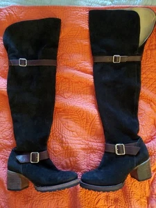 FREEBIRD Over The Knee Boots LUDLOW Size 6 Black Suede Brown Leather Heels Zip - Picture 1 of 10