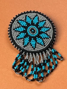 Vintage Large Turquoise Colored Black & Silver Southwest Star Beaded Medallion w - Picture 1 of 8