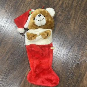 20” VTG Christmas Stocking Plush Teddy Bear 3D Brown Santa Hat Int. Silver Co - Picture 1 of 9