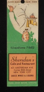 1940s Sheridan's Cafe and Restaurant Choice Wines 421 Amsterdam Ave. NYC NY MB - Picture 1 of 2
