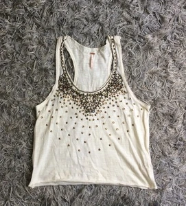 Free People Tank Embellished Ivory Sleeveless Beaded Cotton Size M - Picture 1 of 5