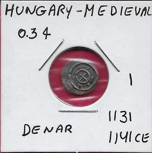 HUNGARY MEDIEVAL DENIER (DENAR) SILVER 1131-1141 CE BELA II,CROSS IN INNER CIRCL - Picture 1 of 2