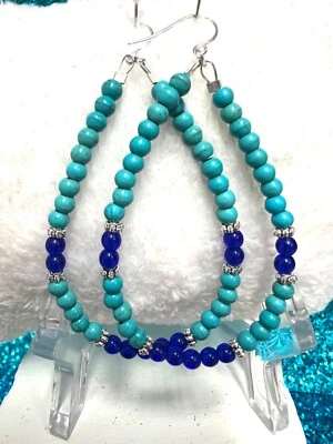 Pendientes lágrima rellenos de plata esterlina West Texas turquesa y cobalto 3 pulgadas Foto 1 de 2