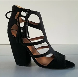 Qupid Sandalen klobiger Absatz seitlich Quaste zum Binden Größe 10M - schwarz - neu ohne Karton - Bild 1 von 8