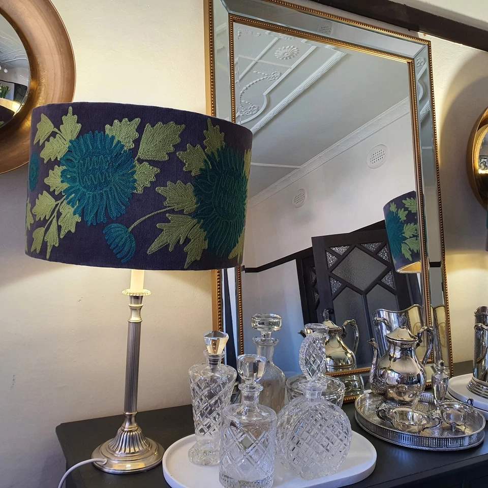 Pair of Stunning Pewter Lamps with Embroidered Green Velvet Shades - image 1 of 4