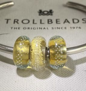 Authentic Retired Trollbeads Trio,  2 Traces Silver/Beige & 1 Gold Silver Traces