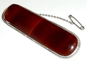 2.7" LONG ANTIQUE STERLING SILVER BANDED AGATE bar BROOCH c.1900 SCOTTISH 13gm - Picture 1 of 6