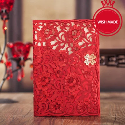 Cartão convite de festa de casamento clássico vermelho corte a laser com selos de envelopes - Imagem 1 de 4