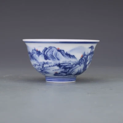 Taza de paisaje de porcelana azul y blanco pintura a mano arte coleccionable Foto 1 de 4