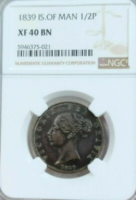 1839 ISLE OF MAN 1/2 PENNY QUEEN VICTORIA NGC XF 40 BN GREAT LOOKING COIN - Image 1 of 4
