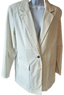 Blazer Denim & Co Boyfriend Mujer Talla M Amarillo/Blanco Seersucker con Bolsillos Foto 1 de 4