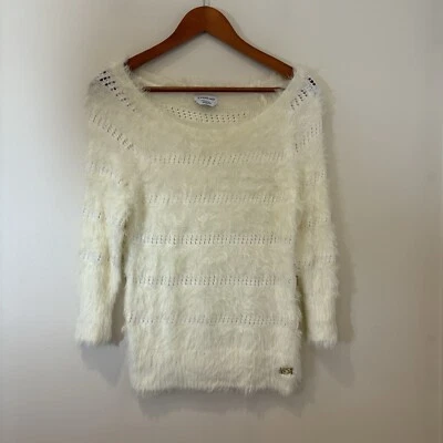 Bebe Womens Bodycon Sweater Medium Cream Logo Shaggy Open Knit Glam Disco - Image 1 of 4