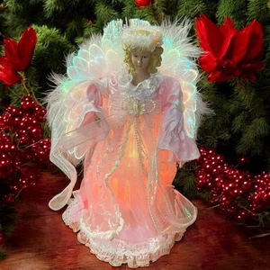 Vintage Glasfaser Baumspitze rosa Engel beleuchtet weiße Flügel Weihnachten 12" hoch - Bild 1 von 13