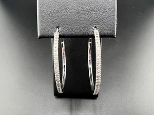 STERLING SILVER 925 CIRCLE ROUND DIAMOND HOOP EARRINGS - Picture 1 of 4